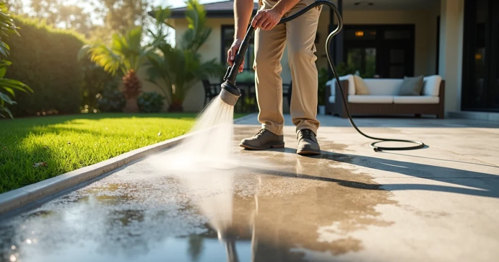 Person cleaning outdoor concrete surface with brush and hose in sunny backyard