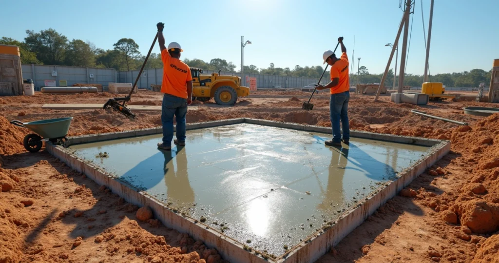 Close-up of concrete pouring on Florida construction site with rebar and soil preparation