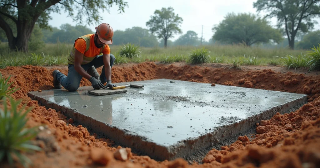 Concrete pouring over prepared sub-base with workers checking drainage and moisture levels in Florida