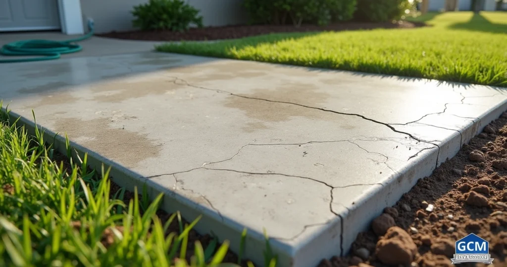 Close-up of sloping concrete slab outdoors with visible discoloration and minor cracks surrounded by grass and soil