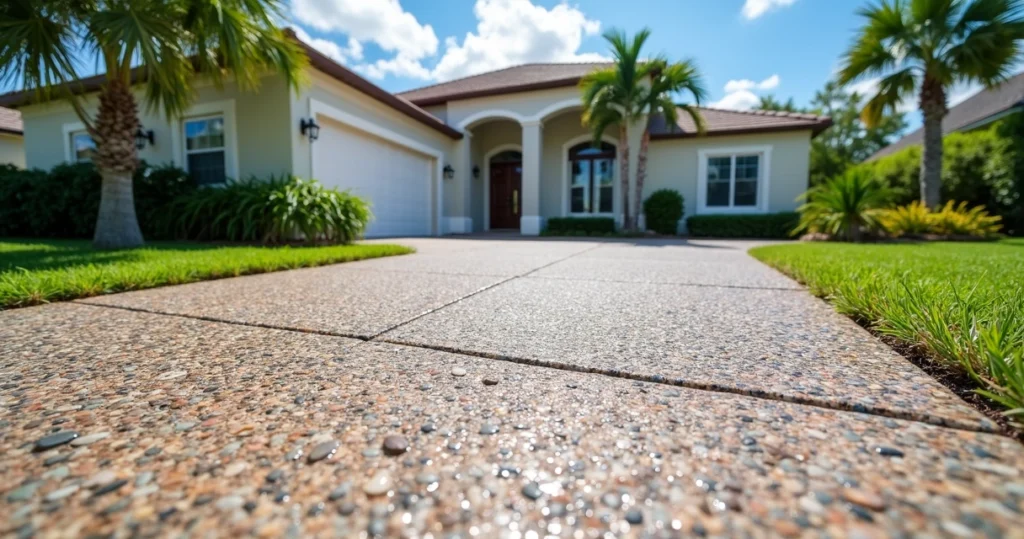 Close-up of an exposed aggregate concrete driveway with stamped finishes and natural stone texture in a sunny Orlando residential neighborhood