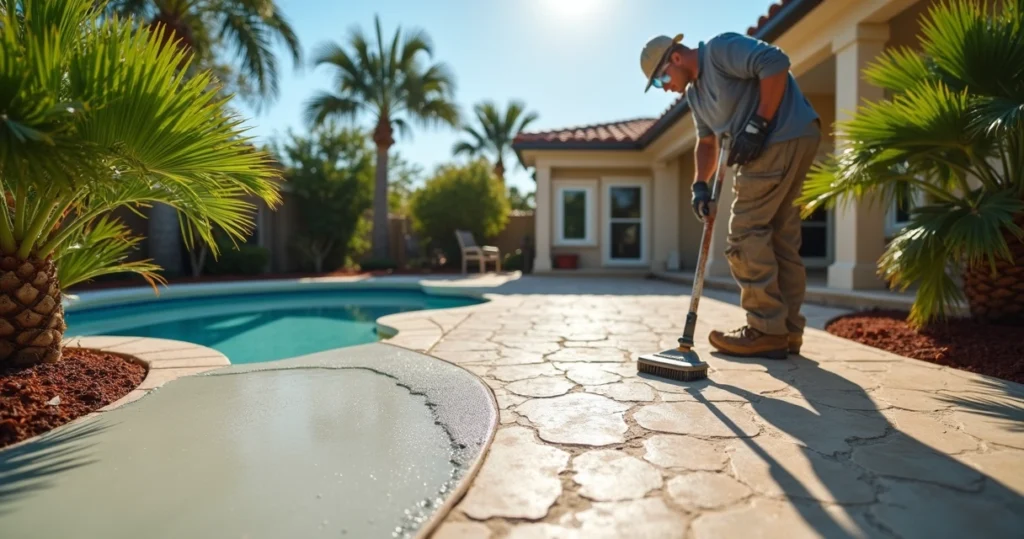 Sunlit Florida patio resurfacing in progress with contractor and new stamped concrete surface