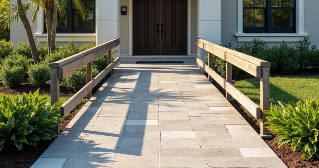 Outdoor ADA-compliant ramp with textured concrete and handrails leading to a residential entrance in Florida