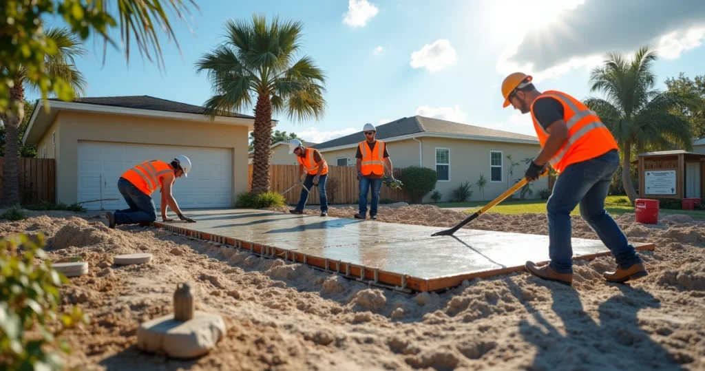 Concrete workers installing rebar and pouring fresh concrete slab on sunny construction site