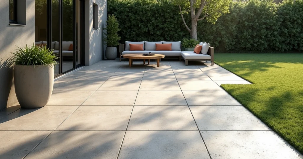 Slip-resistant textured concrete patio with broom finish and modern outdoor furniture in bright daylight