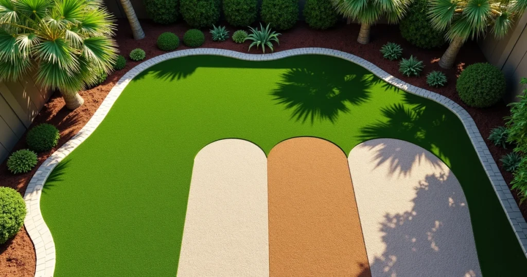 Close-up of artificial turf installation showing four different infill materials in separate sections on a sunny Florida yard