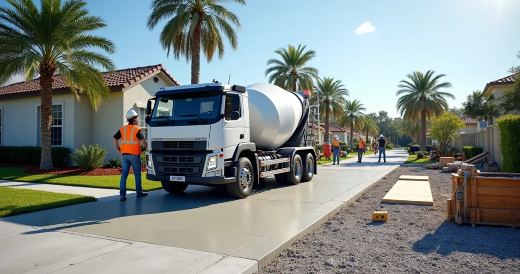 Concrete mixer truck delivering concrete with workers staging access area on residential driveway in Orlando