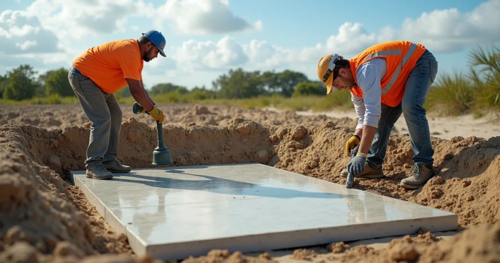 Construction workers preparing compacted sub-base for concrete slab on sandy soil in Florida