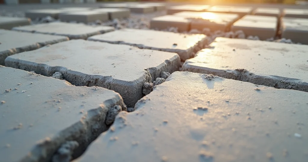 Close-up of fresh concrete slab showing evenly spaced control joints with rebar embedded under Florida sun