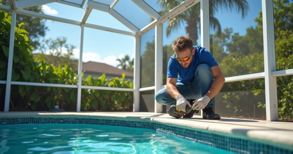 Technician reinforcing an old lanai frame with hurricane-resistant fasteners in a sunny Florida backyard