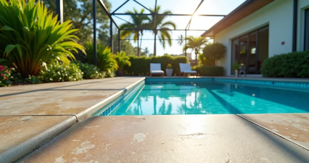Modern pool deck with stamped concrete finish beside a clear blue pool and lush landscaping in a sunny Orlando backyard