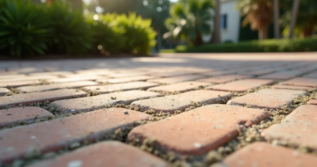 Close-up of weathered paver driveway with faded seal and minor cracks in Florida sunlight