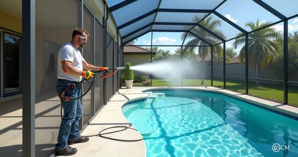 Technician pressure washing a screen enclosure around a pool in a sunny Orlando backyard