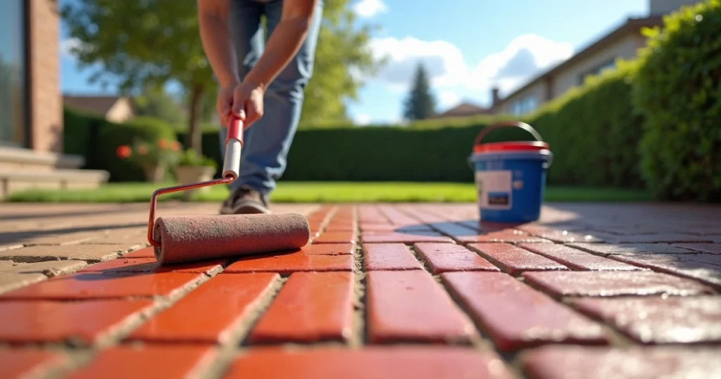 Person repainting faded brick pavers with paint roller during daytime in a backyard