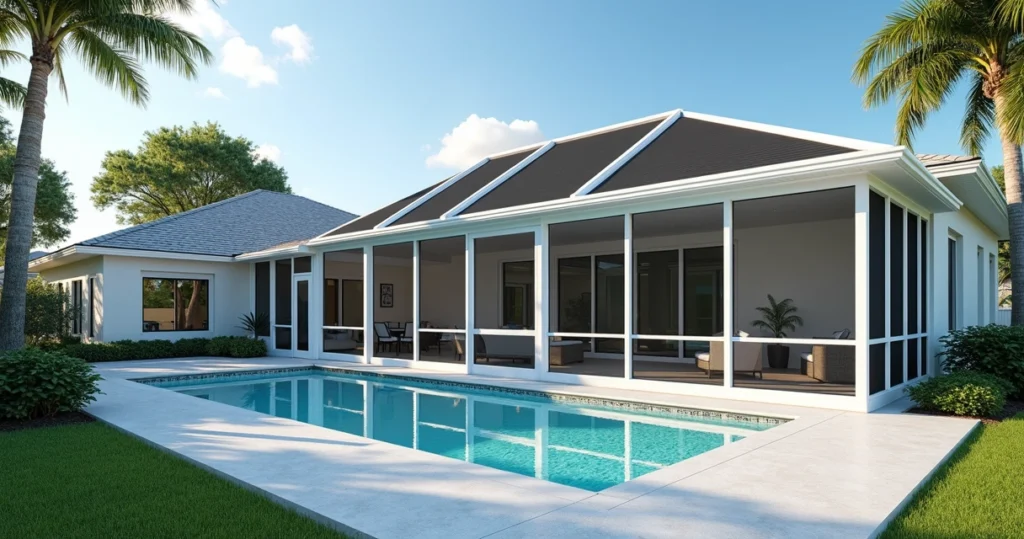 Aluminum pool enclosure in Orlando home with clear sky and secure roof panels
