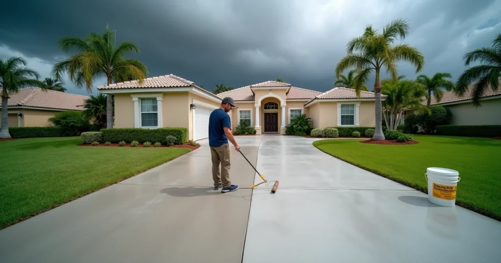 Contractor sealing a concrete driveway before Central Florida rainstorm