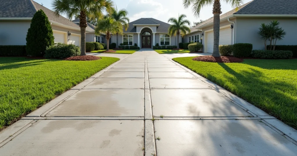 Concrete driveway with visible drainage slope and marked grading lines under bright daylight in a Florida residential neighborhood