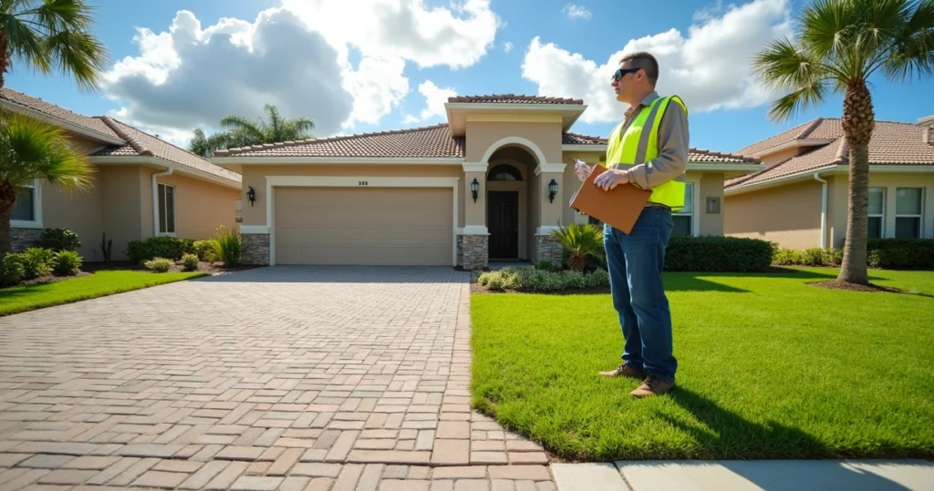 HOA inspector reviewing paver driveway and artificial turf front yard in Orlando neighborhood