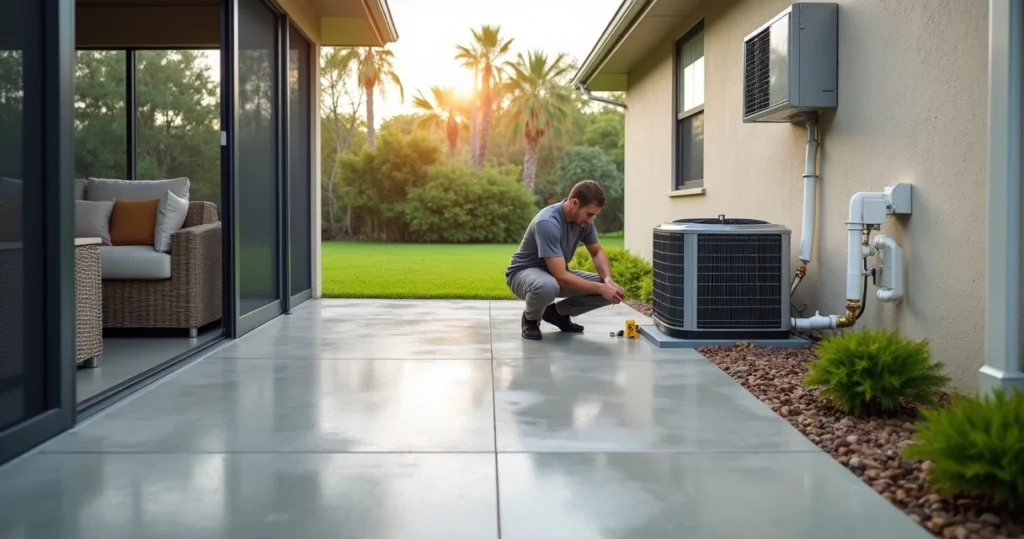 Technician inspecting AC unit above a covered patio in Orlando home