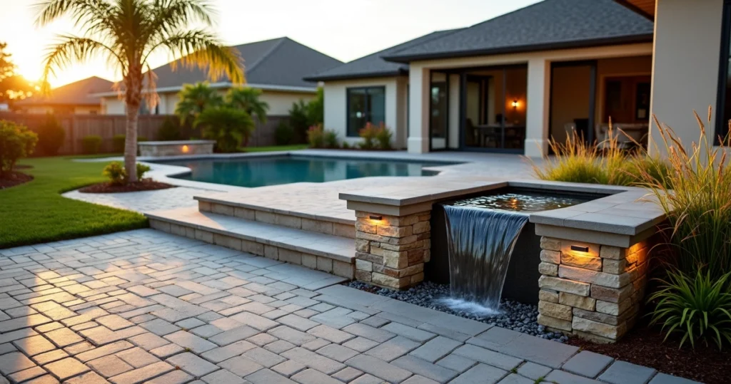 Modern Orlando backyard with paver patio and natural stone water feature