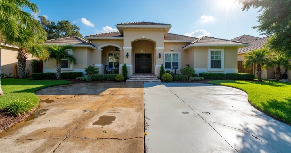Old cracked driveway and patio beside newly replaced concrete in Orlando home