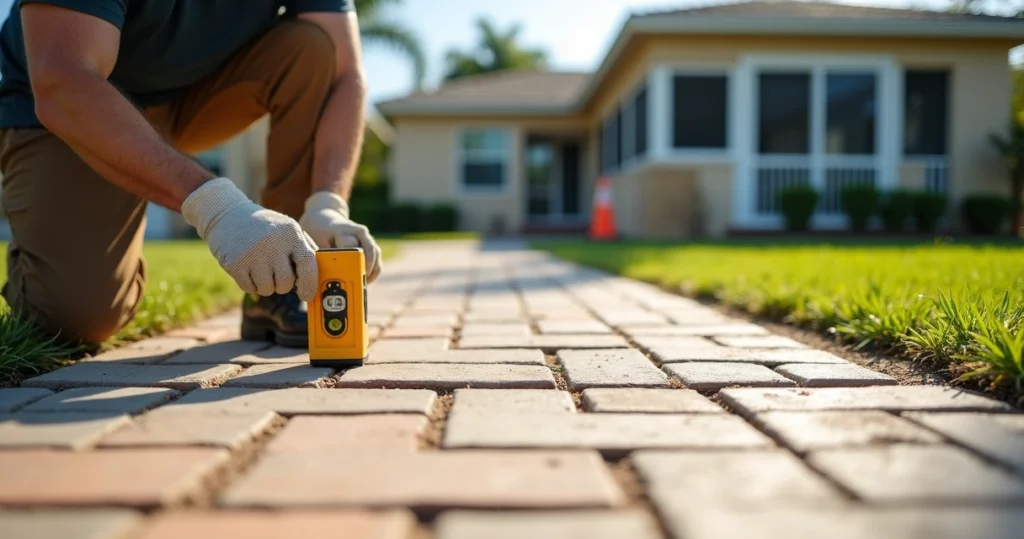 Contractor inspecting uneven outdoor pavers for trip hazards in a Florida yard
