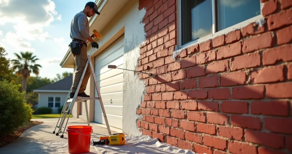 Painter correcting peeling paint on an outdoor brick wall