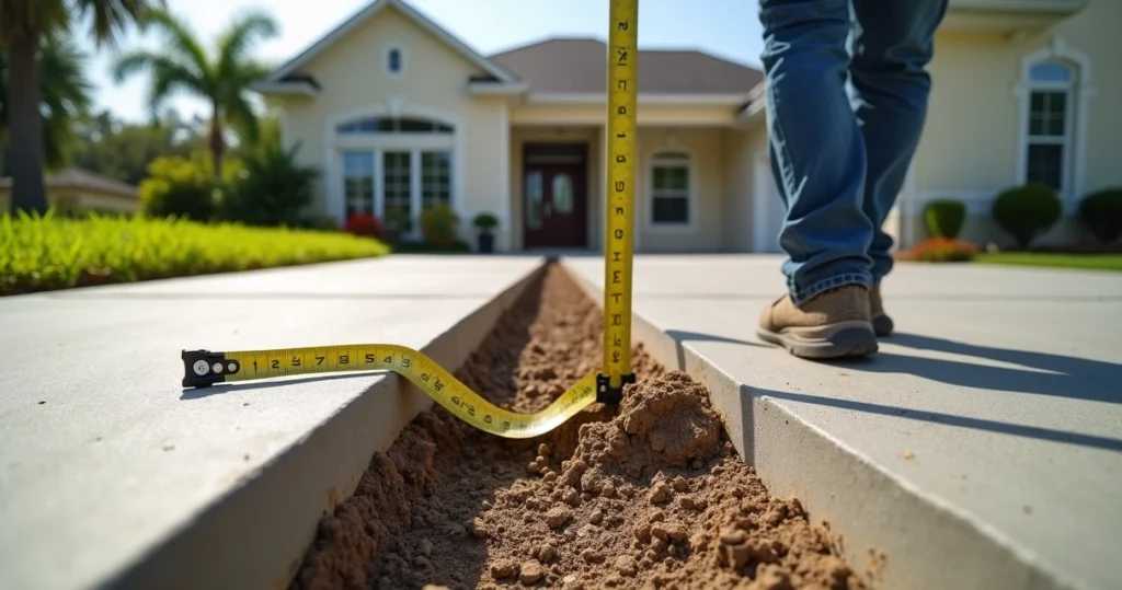 Contractor showing concrete patio and driveway slab thickness cross-section