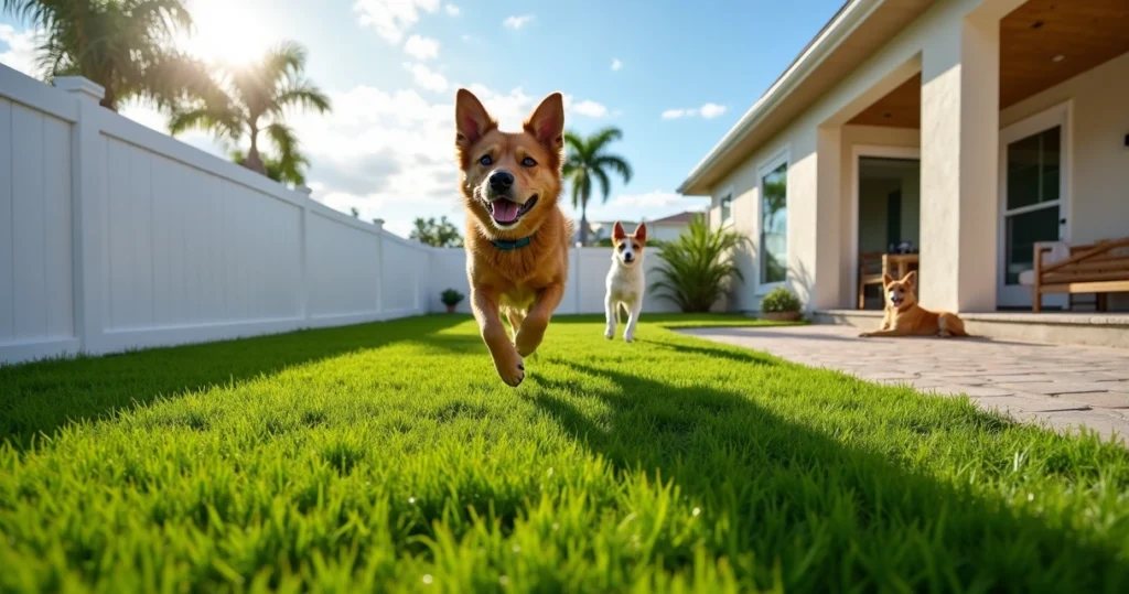 Multiple dogs playing on artificial pet turf in a fenced Orlando backyard