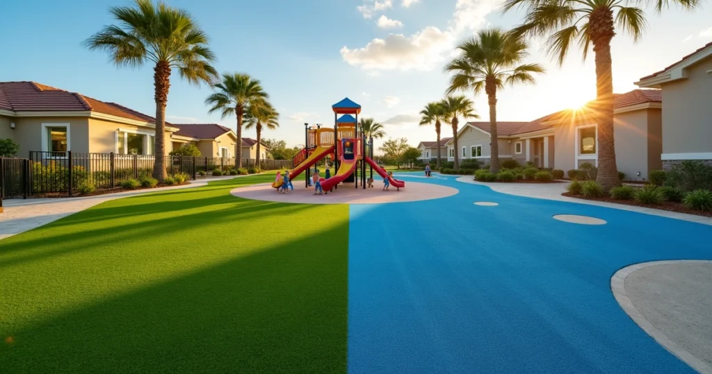 Children playground in Orlando with half artificial turf and half poured rubber surface
