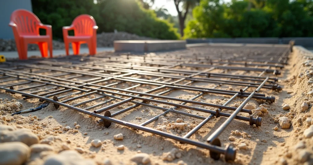 Close-up of steel rebar grid laid out for pouring concrete foundation on sandy soil outdoors