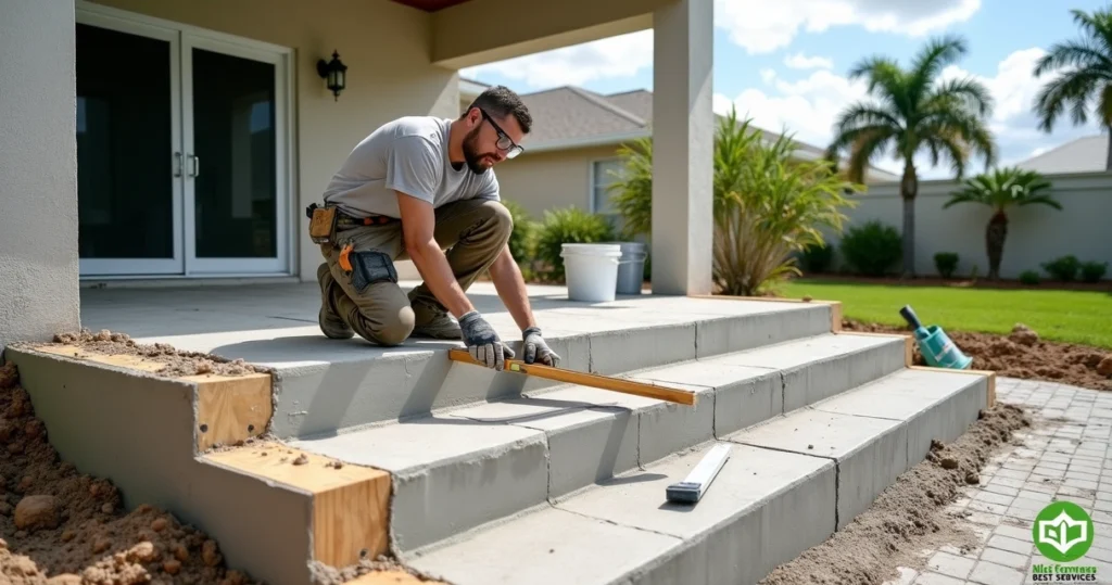 Contractor rebuilding concrete patio steps at a Florida home