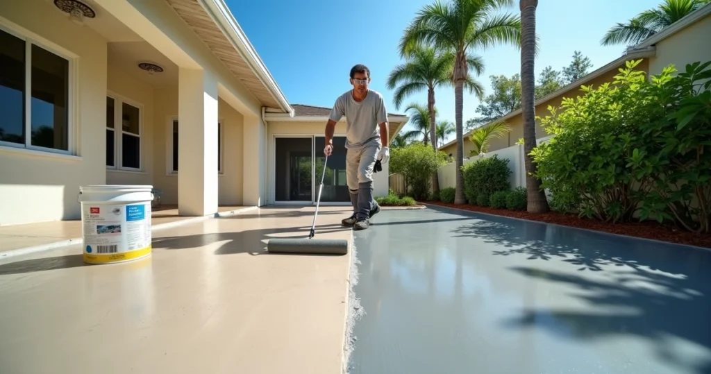 Contractor repainting an exterior concrete patio in Orlando with bold gray coating