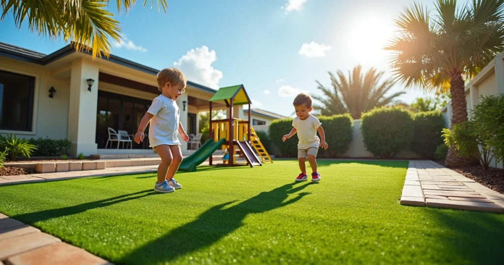 Children playing on cushioned artificial turf playground in a sunny Florida backyard