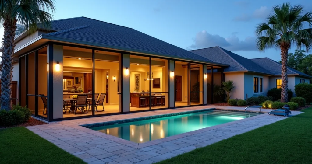 Modern Florida screen enclosure with warm accent lighting at dusk