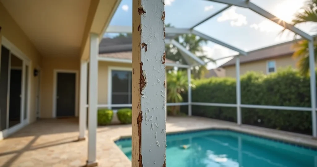 Damaged aluminum screen enclosure frame with visible rust and bent beams in a Florida backyard