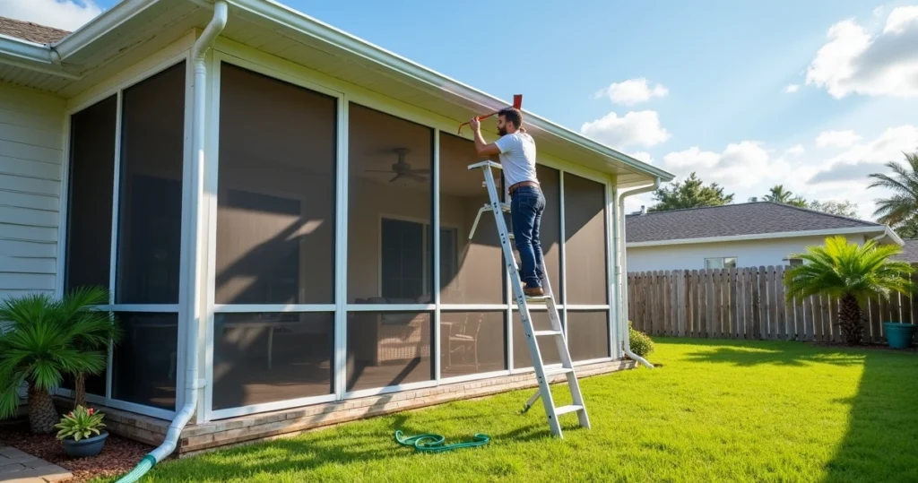 Technician cleaning and inspecting a backyard screen enclosure in Orlando