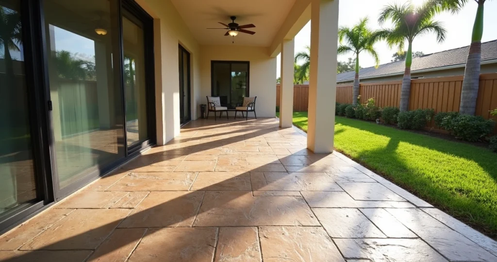 Stamped concrete patio at a Florida home with natural stone pattern