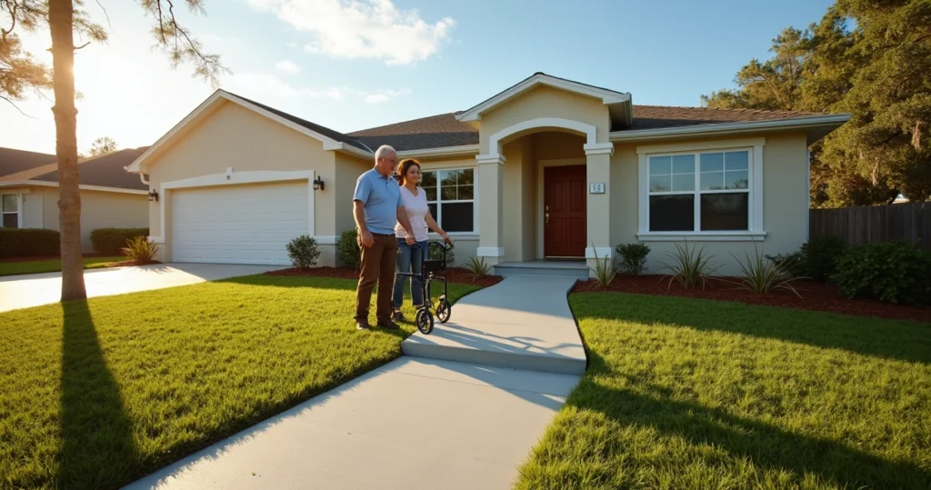 Step-free concrete pathway leading to the front door of a Florida home
