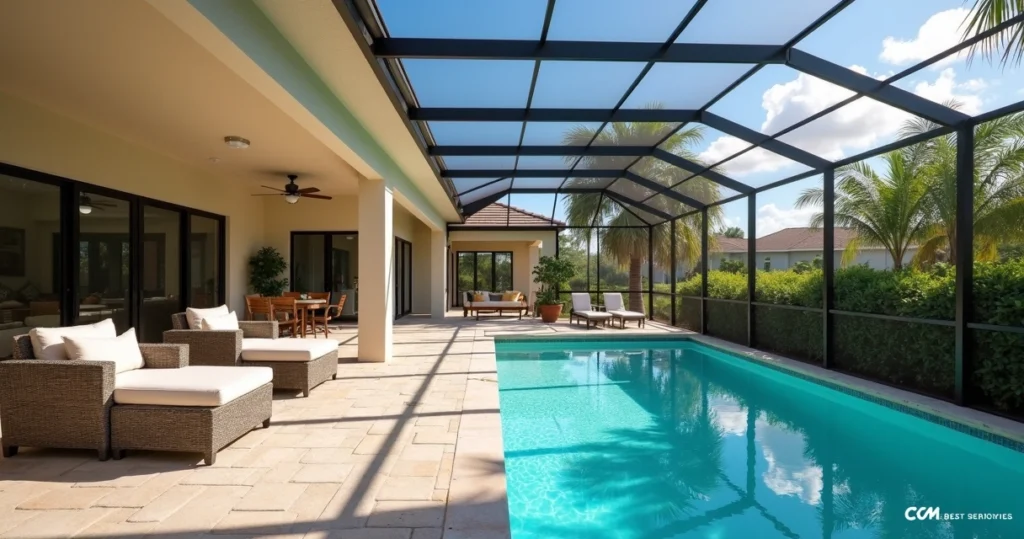 Covered Florida patio with UV-blocking screen panels around a pool enclosure