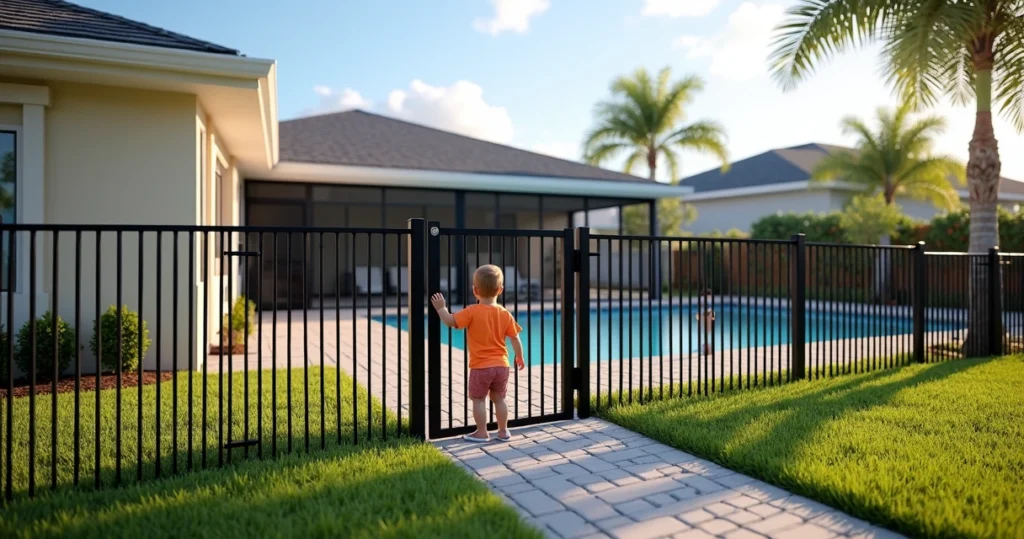 Toddler standing behind a secure backyard safety fence near a screened enclosure in Orlando