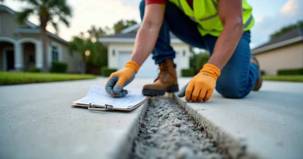 Concrete contractor inspecting visible cold joint line on driveway slab in Orlando