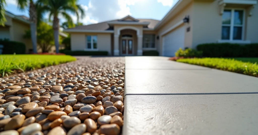 Split driveway showing exposed aggregate concrete next to brushed finish concrete in a Florida home