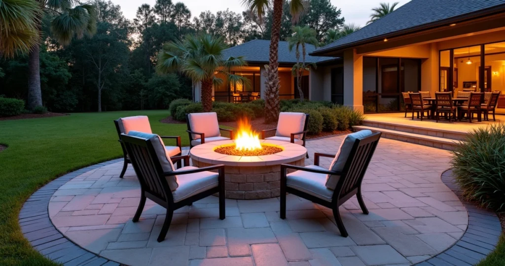 Gas fire pit safely integrated into a paver patio in a suburban backyard