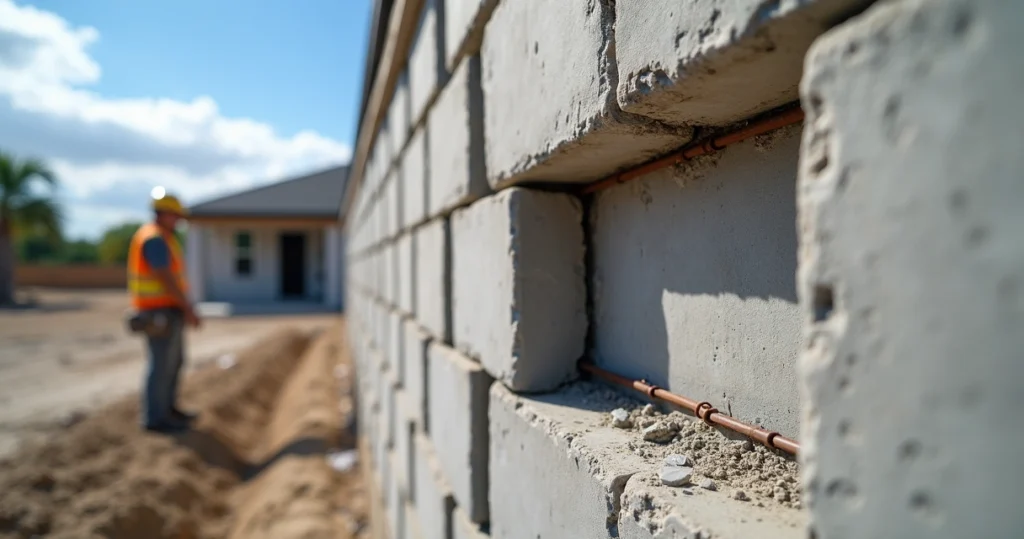 Concrete bond beam with rebar in Florida block wall under construction