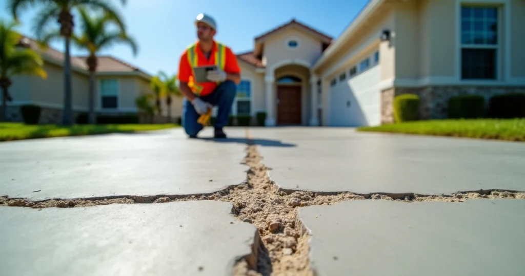 Close-up of a Florida driveway with concrete scaling and contractor inspecting the surface