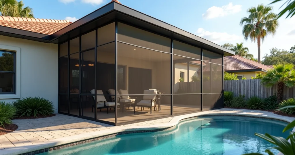 Backyard in Florida with split-view aluminum and steel screen enclosure frames