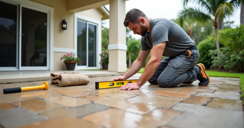 Contractor checking level of patio pavers after Florida rain