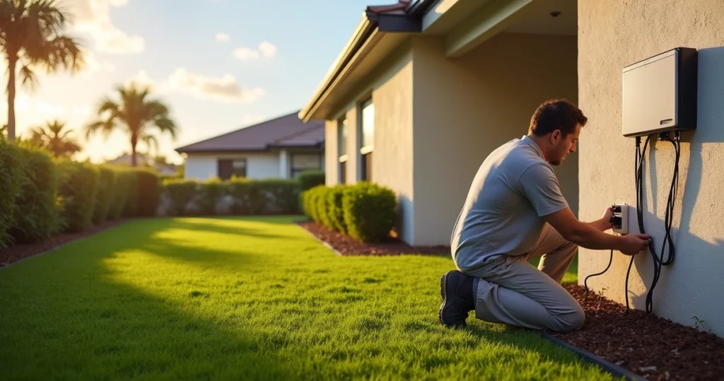 Technician adjusting low-voltage irrigation controller beside green turf lawn in Orlando home