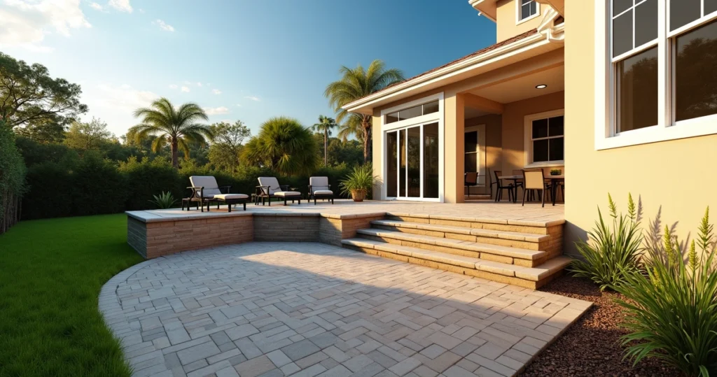 Multi-level concrete and paver patio on a sloped Florida backyard with screened lanai